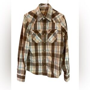 Hollister Pearl Snap Button Shirt Mens S Brown Plaid Long Sleeve Western Cotton